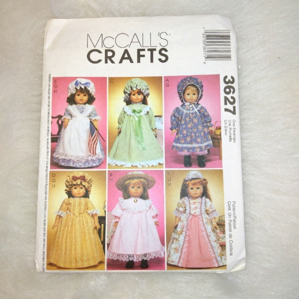 McCall's 3627 Old Fashion 18" Doll Wardrobe,  fits American Girl Doll